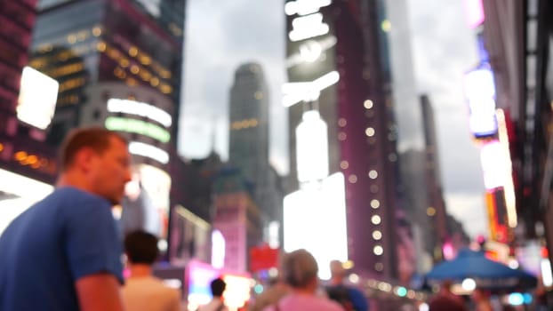New York City, United States - 14 Sept 2023: Times Square, Manhattan Midtown Broadway street, USA. American NYC urban life. Defocused people. Advertising signs, commercial ads, billboard screens glows