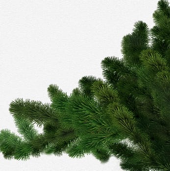 Abstract painted green spruce branch on a light rough background with space for text from the left