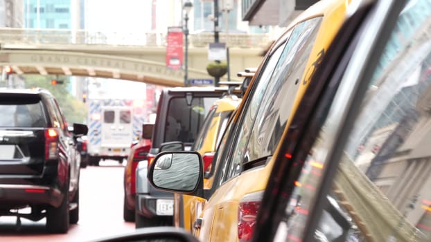New York City, United States - 4 Sept 2023: Ambulance medical emergency, american paramedic truck. USA 911 vehicle on 42 street, Manhattan Taxi, Grand Central Terminal Bridge. NYC first responders car