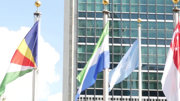New York City, United States - 12 Sept 2023: United Nations UN Headquarters, Manhattan Midtown, USA. Diplomatic political international organization. Flags row for General Assembly conference session.