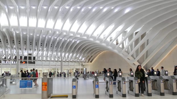 New York City, United States - 10 Sept 2023: World Trade Center Oculus subway transport hub architecture. Manhattan Downtown Financial District, USA urban life. People. PATH rapid transit rail station