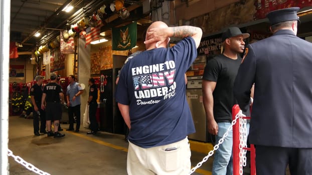 New York City, United States - 11 September 2023: Firefighters celebrate Patriot Day. 911 memorial remembrance event, FDNY commemorate anniversary. Fire Department Station, Manhattan 10 Ten Firehouse.
