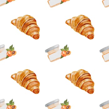 Croissant and jam watercolor pattern. Hand drawn illustration fresh french bun. Food clip art. Ideal for bakery prints, postcards and pastry shop posters. High quality illustration