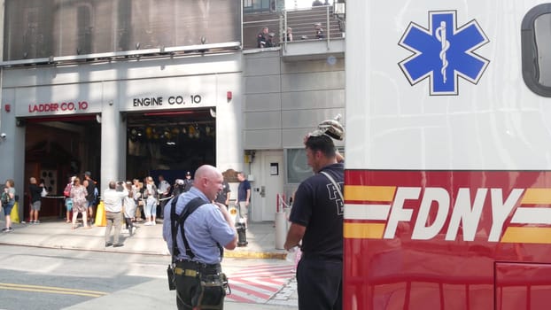 New York City, United States - 11 September 2023: Firefighters celebrate Patriot Day. 911 memorial remembrance event, FDNY commemorate anniversary. Fire Department Station, Manhattan 10 Ten Firehouse.