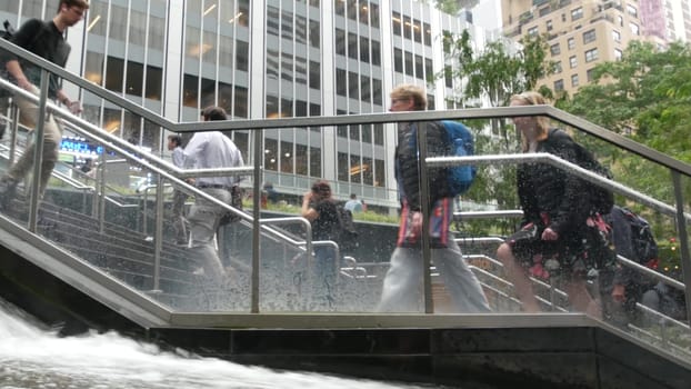 New York City, United States - 11 Sept 2023: Manhattan Midtown office buildings, Lexington avenue, United States. People pedestrian exiting subway metro station, stairs on 53 street, USA urban life.