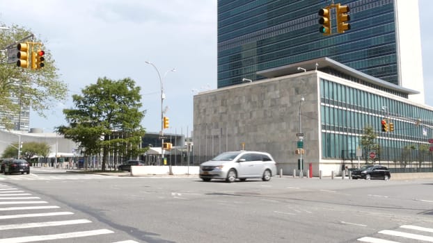 New York City, United States - 4 Sept 2023: United Nations UN Headquarters, Manhattan Midtown, USA. Diplomatic political international organization before General Assembly conference. Street traffic.
