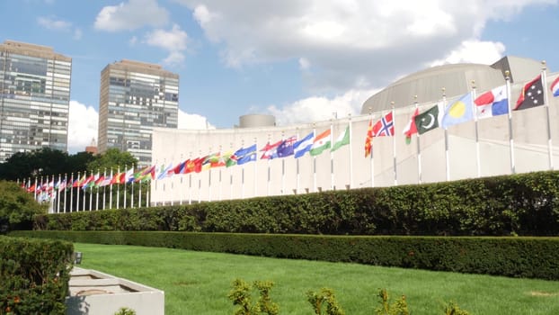 New York City, United States - 12 Sept 2023: United Nations UN Headquarters, Manhattan Midtown, USA. Diplomatic political international organization. Flags row for General Assembly conference session.