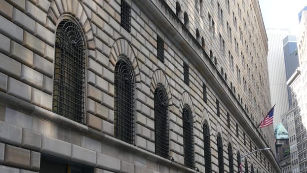 New York City, United States - 3 Sept 2023: Manhattan Downtown Financial District urban architecture. American Federal Reserve Bank building near Wall street Stock Exchange. USA Federal Reserve System