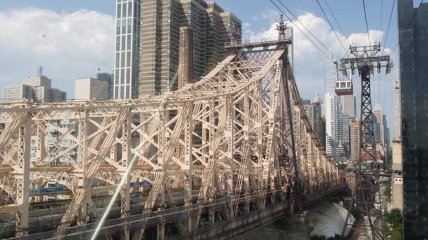 New York City, United States - 4 Sept 2023: Roosevelt Island tramway to Manhattan Midtown streets. American cable tram, Queensboro Bridge. Urban public transport, USA. Building architecture cityscape.