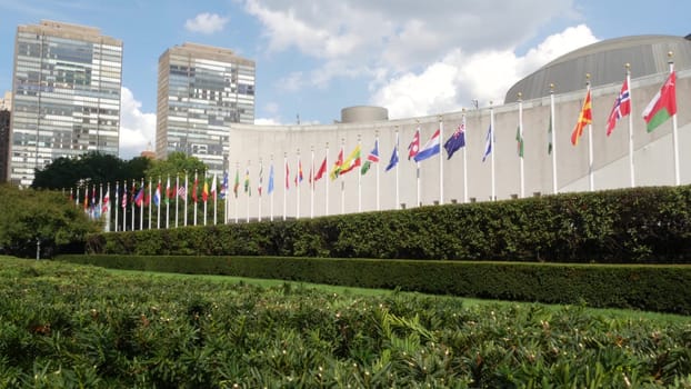 New York City, United States - 12 Sept 2023: United Nations UN Headquarters, Manhattan Midtown, USA. Diplomatic political international organization. Flags row for General Assembly conference session.