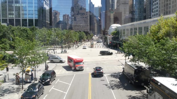 New York City, United States - 31 Aug 2023: Manhattan Downtown Financial District Liberty street crossroad intersection. Urban road car traffic. People pedestrian. World Trade Center memorial area.