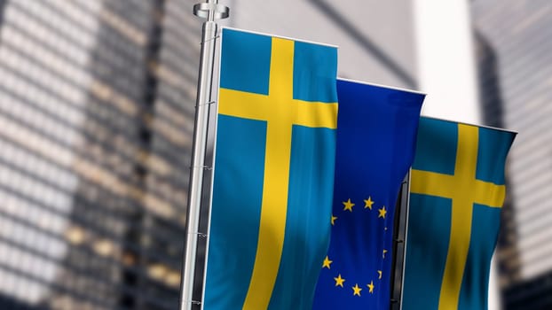 3D render of Swedish and EU flags fluttering in a modern cityscape, symbolizing unity, diplomacy and European identity with strong patriotic colors.