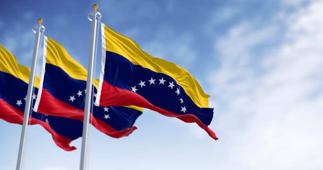 3D render of the Venezuelan flag fluttering in the wind, symbol of identity, unity and patriotism in Latin America. Visible colors and stars represent national pride