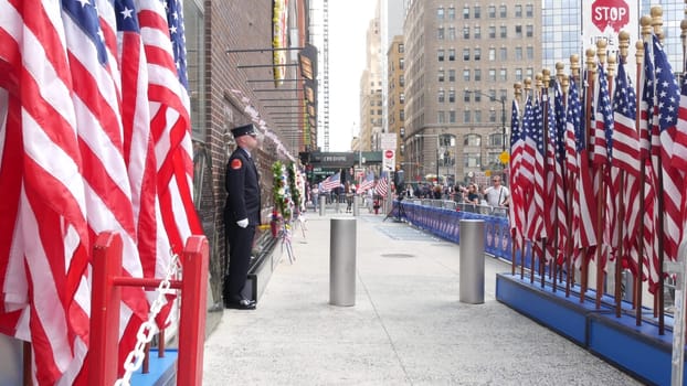 New York City, United States - 11 September 2023: Firefighters celebrate Patriot Day. Guard honoring 911, Memorial wall, FDNY commemorate anniversary. Fire Depart Station, Manhattan 10 Ten Firehouse.