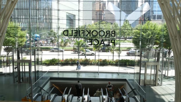 New York City, United States - 31 Aug 2023: Brookfield Place business office center, Manhattan Downtown Financial District. People near World Trade Center, 911 Memorial Pools and Oculus, Battery, USA.
