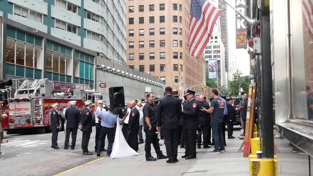New York City, United States - 11 September 2023: Firefighters celebrate Patriot Day. 911 memorial remembrance event, FDNY commemorate anniversary. Fire Department Station, Manhattan Midtown firehouse