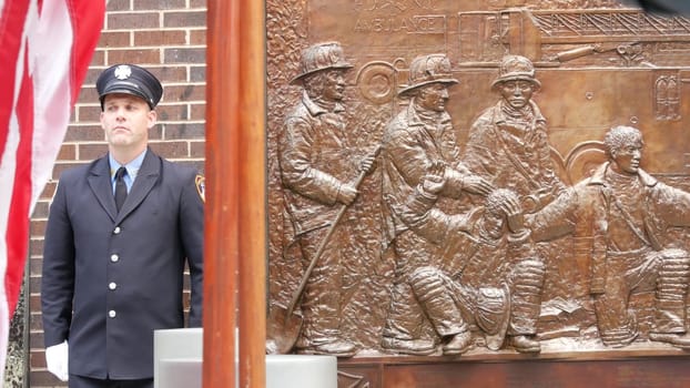 New York City, United States - 11 September 2023: Firefighters celebrate Patriot Day. Guard honoring 911, Memorial wall, FDNY commemorate anniversary. Fire Depart Station, Manhattan 10 Ten Firehouse.