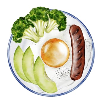 Scrambled eggs with avocado and sausage. Breakfast on a plate watercolor. Hand drawn food with fried eggs. Clip art food. Ideal for posters and restaurant menus of vegetarian and diet dishes.
