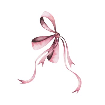Pink watercolor elegant bow. Knotted thin ribbon in vintage style. For designing cards and invitations for weddings and Valentine's Day. High quality photo