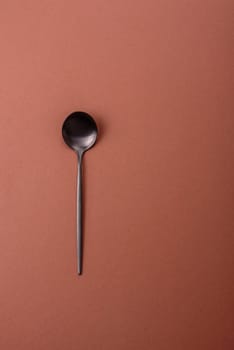 Empty metal spoon on a monochrome brown background. Cutlery on the dining table