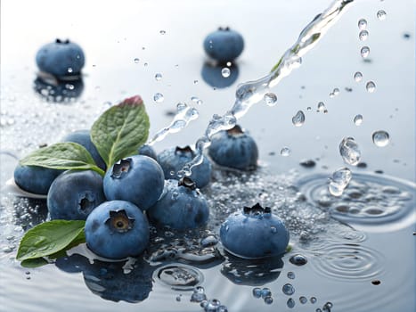 A close-up of fresh blueberries with water droplets, accompanied by mint leaves, set against a reflective water surface. Perfect for food photography, healthy eating, and fresh fruit visuals.