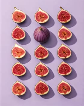 A visually stunning geometric pattern featuring fresh fig halves arranged neatly on a purple background, showcasing the vibrant red seeds and soft interior of ripe figs.