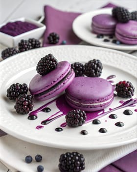 A close-up of delicious purple macarons drizzled with blackberry sauce, accompanied by fresh blackberries, perfect for dessert lovers.