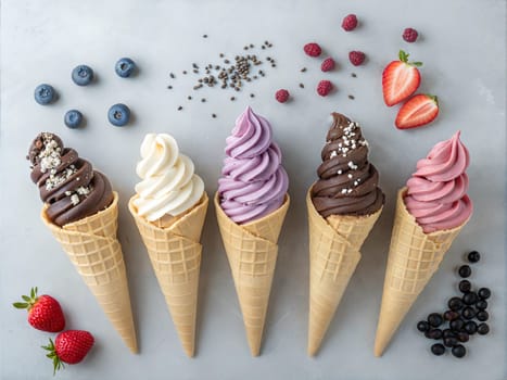 A visually appealing arrangement of five ice cream cones, each topped with different flavors like chocolate, pink, blue, and purple, garnished with colorful sprinkles and berries.