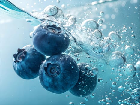 A vibrant close-up image of blueberries submerged in clear water, with air bubbles and a fresh, clean aesthetic.