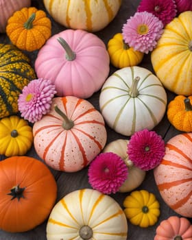 A beautiful fall arrangement of vibrantly colored pumpkins, gourds, and bright chrysanthemums in pink, yellow, and orange hues, perfect for autumn decor.