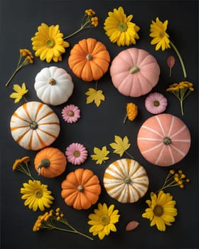 A colorful arrangement of pumpkins and gourds, including orange, pink, and striped varieties, surrounded by vibrant yellow flowers and autumn leaves.