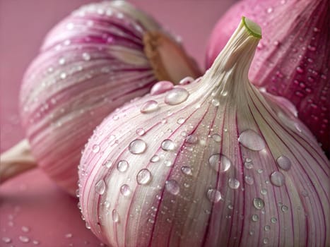 A close-up of garlic bulbs with water droplets on a pink background, showcasing the fresh and natural essence of garlic.