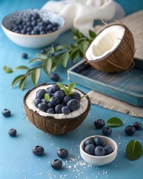 A refreshing scene with blueberries placed in a coconut shell, topped with coconut cream and mint leaves, with more blueberries scattered around and a blue background.
