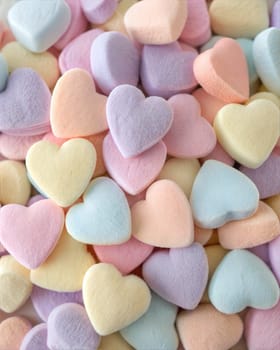 A close-up shot of pastel-colored heart-shaped marshmallows, featuring soft textures in shades of pink, blue, yellow, and lavender. Perfect for candy lovers, sweet treats, and Valentine's Day.