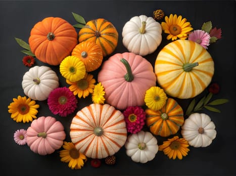 A colorful arrangement of pumpkins and gourds, including orange, pink, and striped varieties, surrounded by vibrant yellow flowers and autumn leaves.