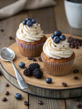 Two delicious cupcakes topped with creamy frosting, fresh blueberries, and blackberries, served on a wooden board with coffee beans and a spoon for a cozy treat.