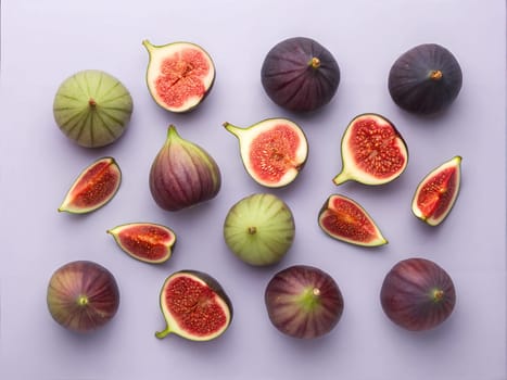 A flat lay of fresh figs, both whole and halved, arranged beautifully on a light purple background. Perfect for showcasing fresh fruit, healthy eating, and culinary styling.