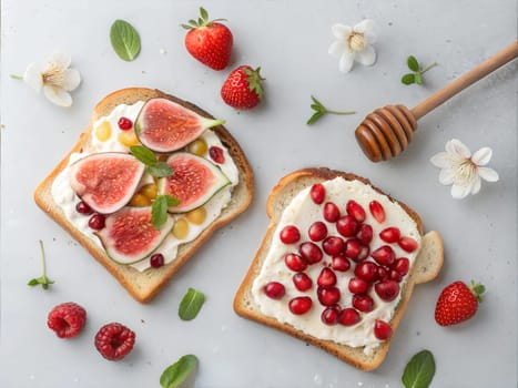 Two slices of toast topped with creamy cheese and fresh figs on one side, and strawberries, pomegranate, and honey on the other, garnished with mint and herbs.