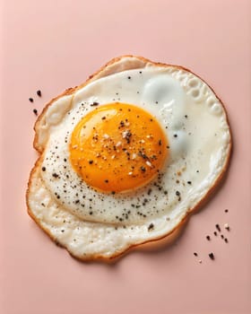 A perfectly fried egg with a bright yellow yolk and crispy edges, sprinkled with freshly ground black pepper, placed on a soft pastel pink background. Ideal for food photography or breakfast visuals.