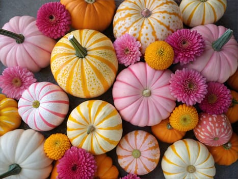A beautiful fall arrangement of vibrantly colored pumpkins, gourds, and bright chrysanthemums in pink, yellow, and orange hues, perfect for autumn decor.