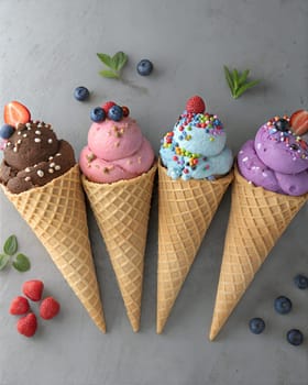 A visually appealing arrangement of four ice cream cones, each topped with different flavors like chocolate, pink, blue, and purple, garnished with colorful sprinkles and berries.