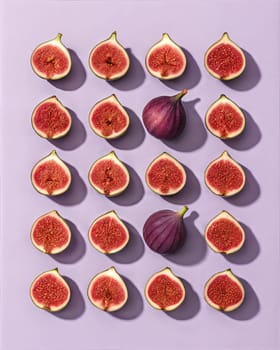 A visually stunning geometric pattern featuring fresh fig halves arranged neatly on a purple background, showcasing the vibrant red seeds and soft interior of ripe figs.