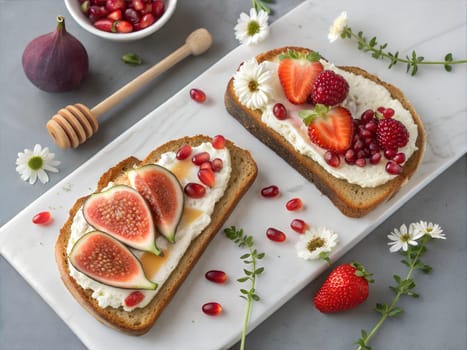 Two slices of bread topped with fresh figs, raspberries, pomegranate seeds, and a honey drizzle, creating a vibrant and healthy breakfast or snack.