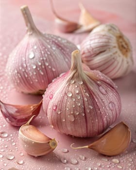 A close-up of garlic bulbs with water droplets on a pink background, showcasing the fresh and natural essence of garlic.