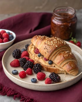 A sesame-crusted croissant filled with creamy peanut butter, served with fresh raspberries, blueberries, blackberries, and a jar of homemade jam. Perfect for breakfast or brunch.