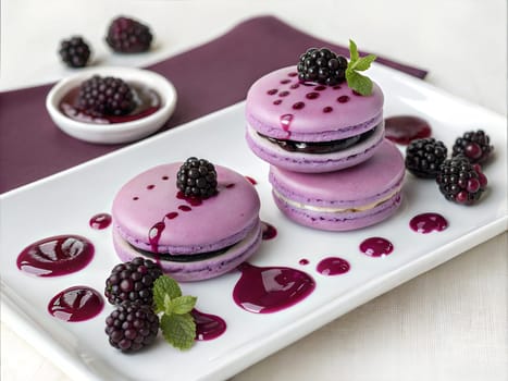 A close-up of delicious purple macarons drizzled with blackberry sauce, accompanied by fresh blackberries, perfect for dessert lovers.