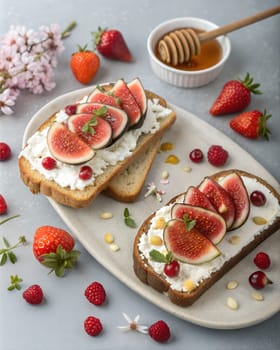 Two slices of bread topped with fresh figs, raspberries, pomegranate seeds, and a honey drizzle, creating a vibrant and healthy breakfast or snack.