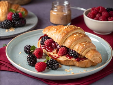 A sesame-crusted croissant filled with creamy peanut butter, served with fresh raspberries, blueberries, blackberries, and a jar of homemade jam. Perfect for breakfast or brunch.