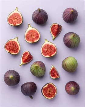 A flat lay of fresh figs, both whole and halved, arranged beautifully on a light purple background. Perfect for showcasing fresh fruit, healthy eating, and culinary styling.