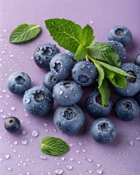 A close-up of fresh blueberries with dew drops, surrounded by mint leaves on a soft purple background, creating a refreshing and vibrant aesthetic.